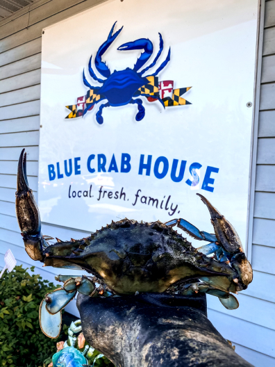 Blue Crab in front of blue crab house sign